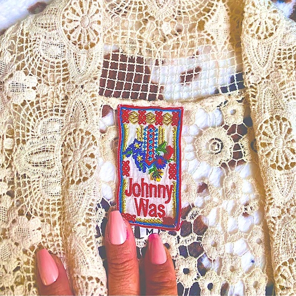 Johnny Was Midi All Over Lace Crochet Kimono Duster Cardigan w/Pockets EUC Sz M - Picture 2 of 12